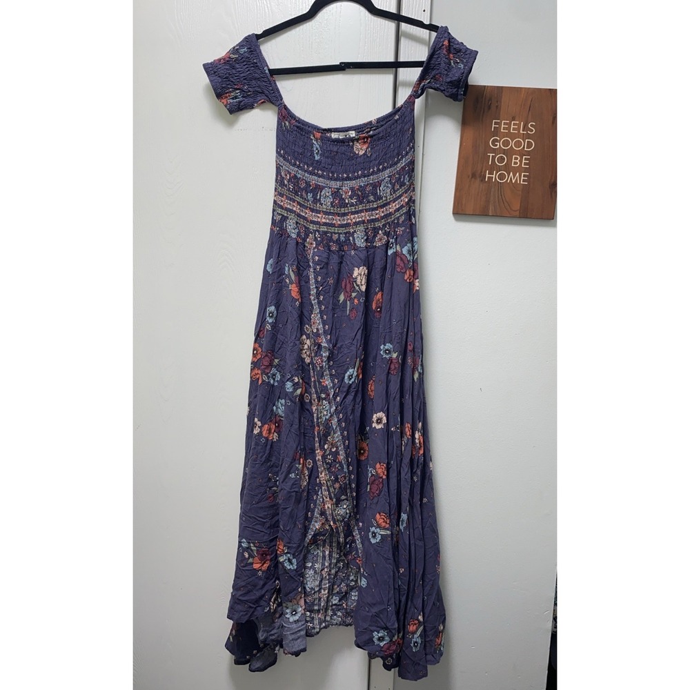 Jaase Small Blue Purplish Floral Boho Off Shoulder Smocked Midi Dress Beautiful